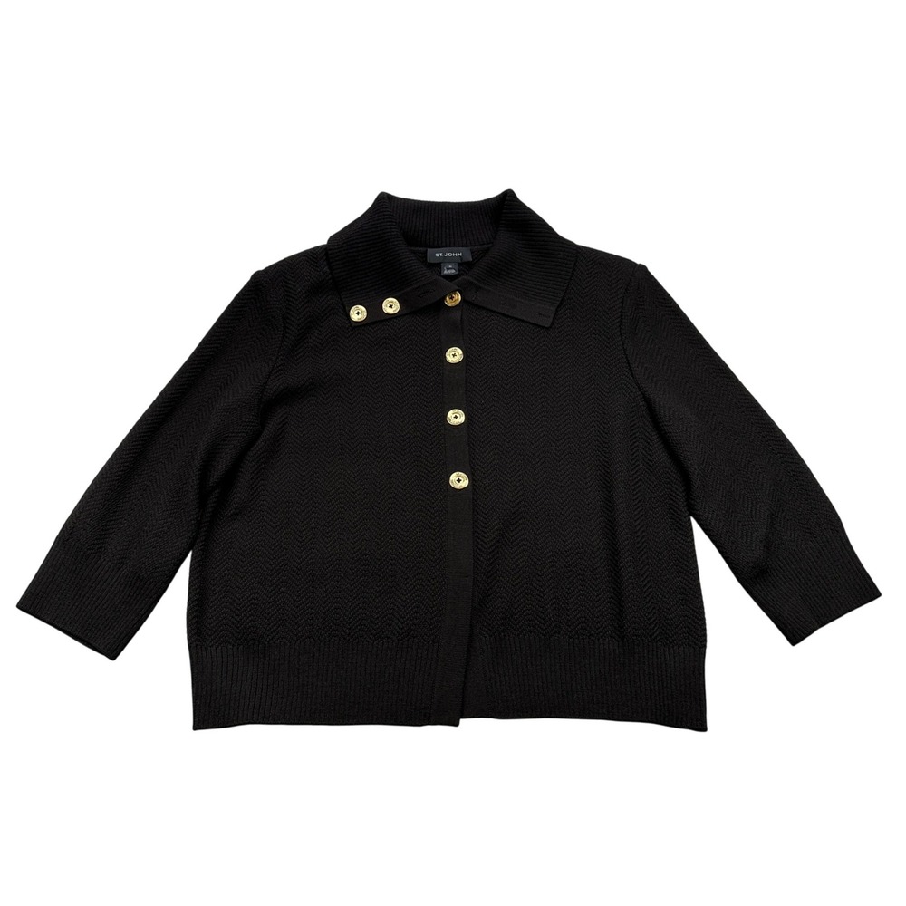 ST JOHN Brown Wool Knit Cardigan Blazer Gold Button Collar 3/4 Sleeve XL‎